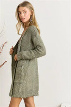 Olive green fuzzy sweater cardigan in boucle knit fabric with long sleeves