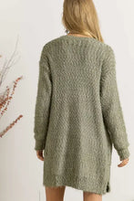 Olive green boucle fuzzy sweater cardigan dress with long sleeves and slits