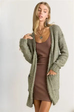 Olive green fuzzy sweater cardigan in comfy boucle knit fabric with pockets