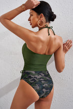 Olive Green Halter Neck Swimsuit with Camouflage High Waist Bottoms