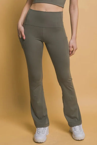 Olive Green High Waist Flare Leggings with Pockets Moss