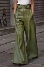 Olive green high-waisted wide-leg leather pants with button details and belt loops