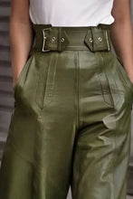 Olive green high-waisted wide-leg leather pants with belt loops