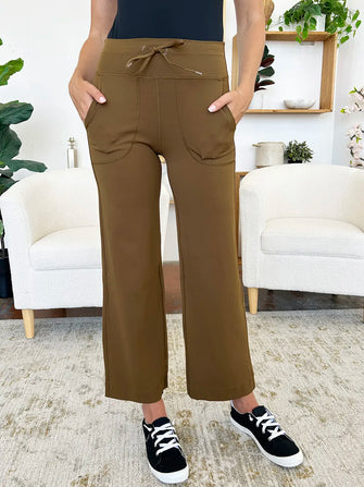 Olive Green High Waisted Wide Leg Pants for Women Brown
