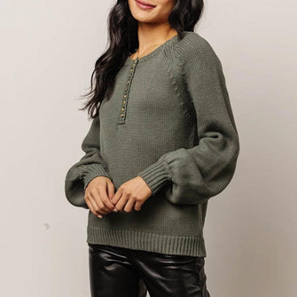 Olive Green Knit Sweater with Balloon Sleeve Length Army Green