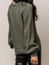 Olive Green Knit Sweater with Balloon Sleeve Length