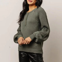 Olive Green Knit Sweater with Balloon Sleeve Length Army Green Sweater Pullovers