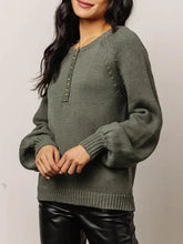 Olive Green Knit Sweater with Balloon Sleeve Length Sweater Pullovers