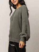 Olive Green Knit Sweater with Balloon Sleeve Length Sweater Pullovers