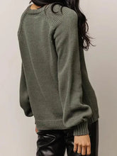 Olive Green Knit Sweater with Balloon Sleeve Length Sweater Pullovers
