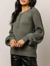 Olive Green Knit Sweater with Balloon Sleeve Length Sweater Pullovers