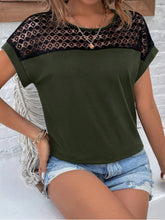 Olive Green Lace Round Neck Short Sleeve Top for Women Army Green