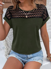 Olive Green Lace Round Neck Short Sleeve Top for Women