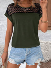 Olive Green Lace Round Neck Short Sleeve Top for Women