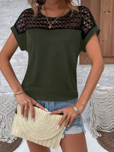 Olive Green Lace Round Neck Short Sleeve Top for Women