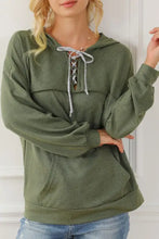 Women’s olive green lace-up drop shoulder long sleeve hoodie with kangaroo pocket