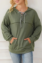 Olive green drop shoulder long sleeve hoodie with lace-up V-neck