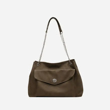 Olive green PU leather shoulder bag with flap pocket and silver chain straps