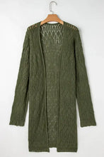 Olive green long sleeve cardigan with openwork open knit design