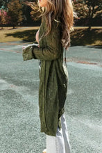 Olive green long sleeve cardigan with openwork open knit texture, drawstring hem, and pockets