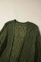 Olive green long sleeve cardigan with openwork open knit design
