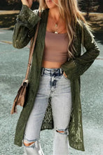 Olive green long sleeve cardigan with hood, pockets, openwork open knit texture