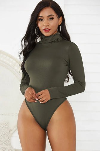 Olive Green Long Sleeve Turtleneck Bodysuit for Women Army Green