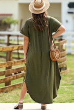 Olive Green Maxi Dress with Short Sleeve Length and Pockets
