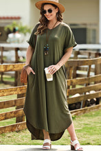 Olive Green Maxi Dress with Short Sleeve Length and Pockets