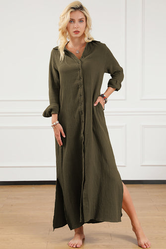 Olive Green Maxi Shirt Dress with Long Sleeve Length Rayon Material Moss