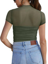 Olive Green Mesh Basic T Shirt for Women