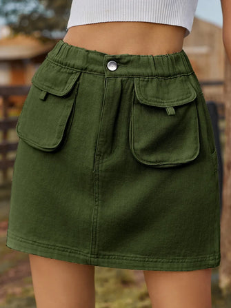 Olive Green Pocketed Mini Cargo Skirt for Women Dark Green