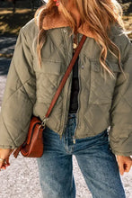 Olive green quilted bomber jacket with shearling collar and sherpa lining