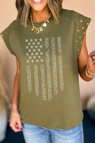 Olive Green Rhinestone American Flag T Shirt for Women Matcha Green