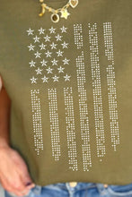 Olive Green Rhinestone American Flag T Shirt for Women