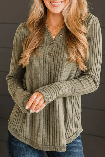 Ribbed Buttoned Long Sleeve Blouse Sage Woman Blouses