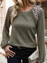 Olive Green Ribbed Knit Top with Leopard Shoulder Accents Army Green