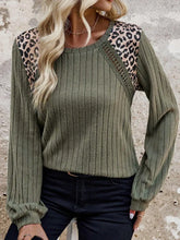 Olive Green Ribbed Knit Top with Leopard Shoulder Accents