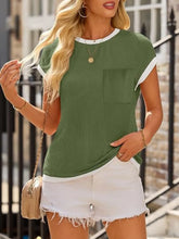 Olive Green Ribbed Knit Top with White Trim and Pocket Moss