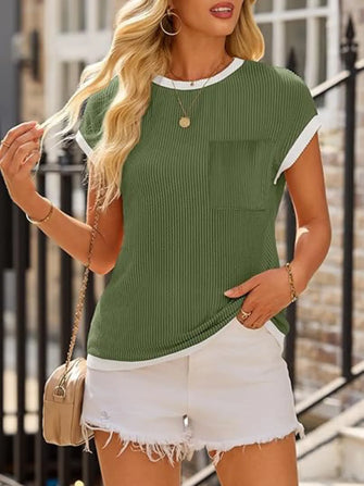 Olive Green Ribbed Knit Top with White Trim and Pocket Moss