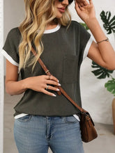 Olive Green Ribbed Knit Top with White Trim Woman T Shirts