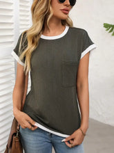 Olive Green Ribbed Knit Top with White Trim Woman T Shirts