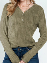 Olive Green Ribbed Long Sleeve Knit Top for Women