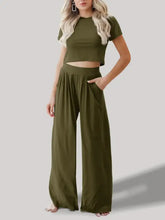 Olive Green Round Neck Short Sleeve Pants Set for Women