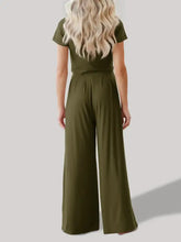 Olive green round neck short sleeve pants set for women