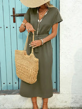 Sequin notched short sleeve midi dress with tan woven straw tote bag