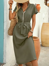 Olive green short sleeve midi dress with sequin notched V-neck and belt
