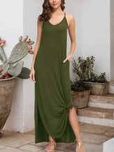 Olive green sleeveless dress with scoop neckline and side slit