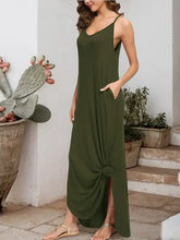 Olive green sleeveless dress with scoop neck and side slit