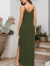 Olive green sleeveless dress with scoop neckline and side slit